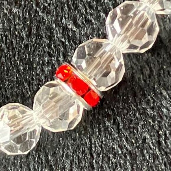Handcrafted Necklace Clear Glass Beads and Ruby Colored Rhinestone Rondelles 20" - Picture 2 of 5